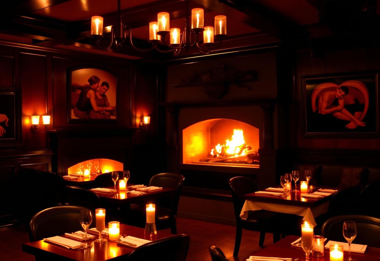 Warm fireplace dining room